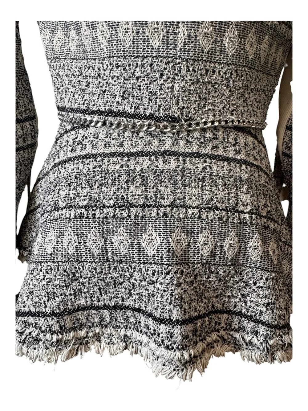 Rebecca Taylor Black White Tweed Chain Trim Raw Fringe Peplum Blazer Jacket S